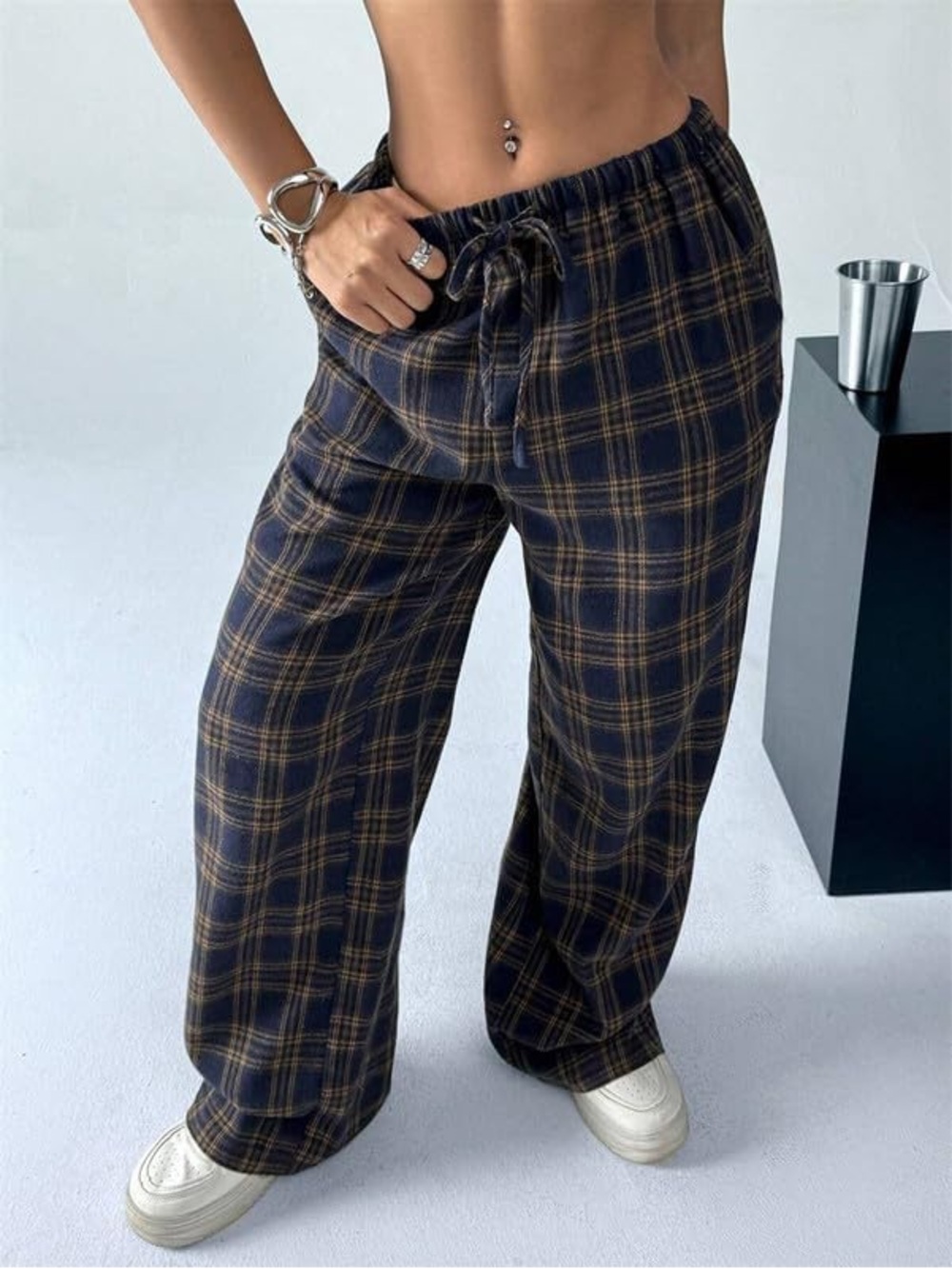 Plaid Cotton Blend Pants